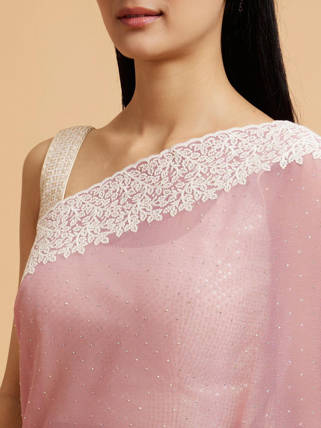 Mohey Women Puce Pink Rhinestone Embellished Saree with Bel Patterned Border