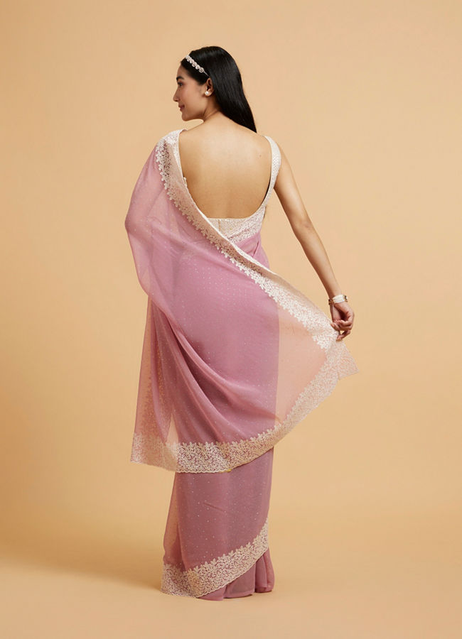 Mohey Women Puce Pink Rhinestone Embellished Saree with Bel Patterned Border