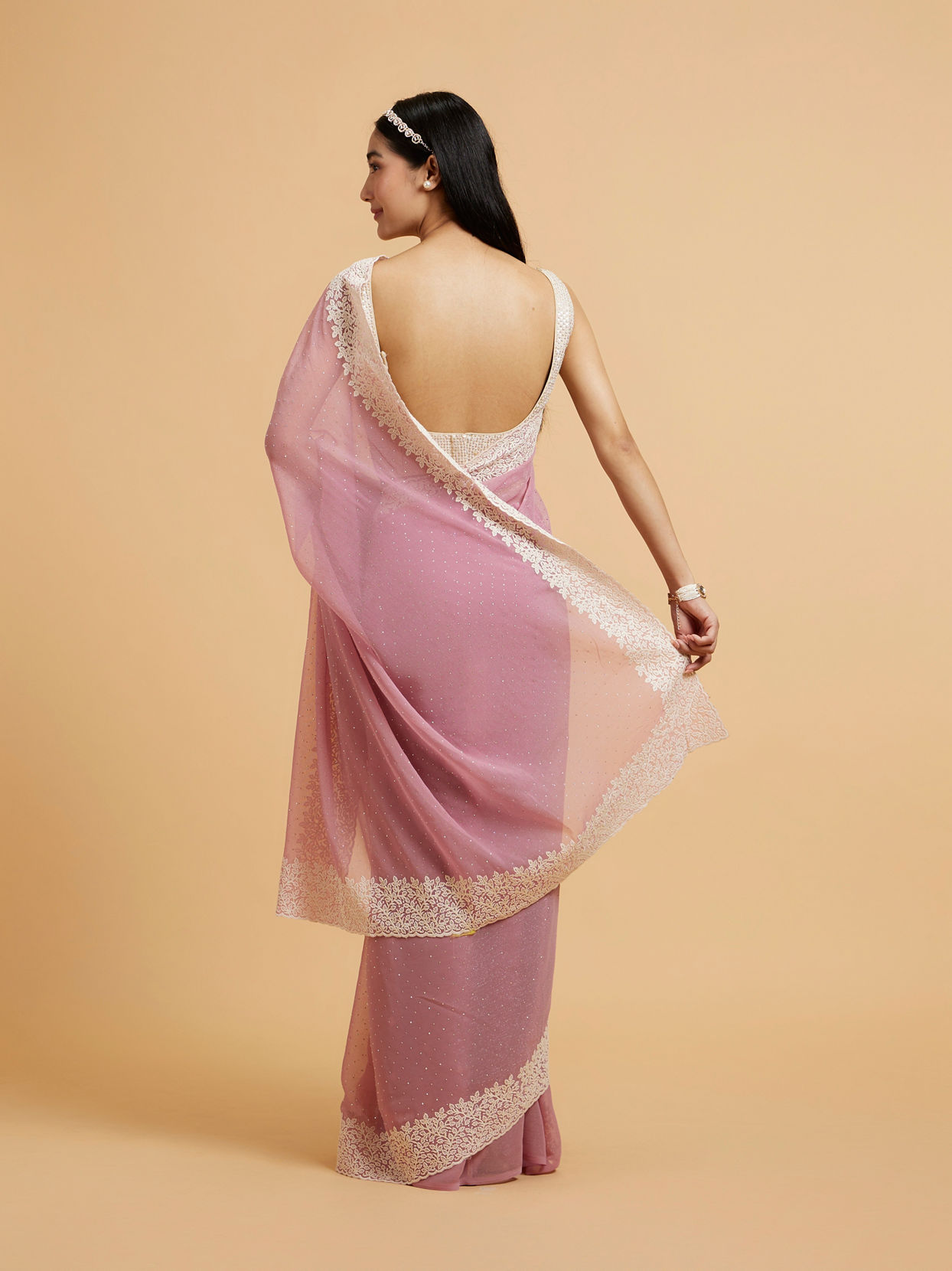 Mohey Women Puce Pink Rhinestone Embellished Saree with Bel Patterned Border