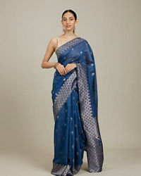 Mohey Women Indigo Blue Saree with Geometric Motifs and Floral Motifs on Border