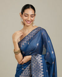 Mohey Women Indigo Blue Saree with Geometric Motifs and Floral Motifs on Border