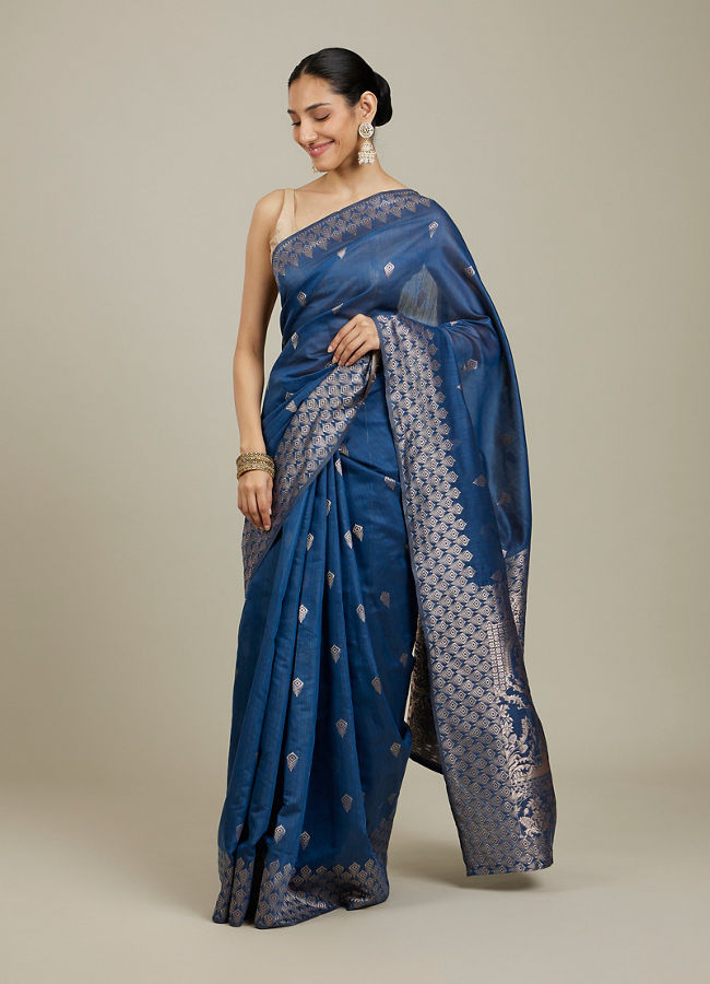 Mohey Women Indigo Blue Saree with Geometric Motifs and Floral Motifs on Border