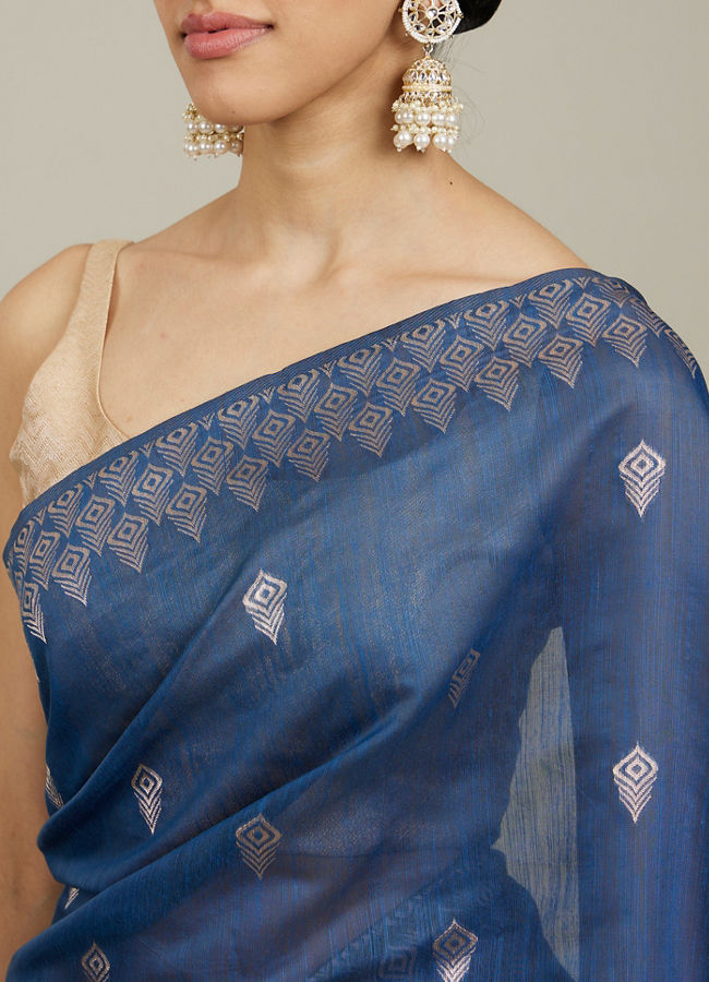 Mohey Women Indigo Blue Saree with Geometric Motifs and Floral Motifs on Border