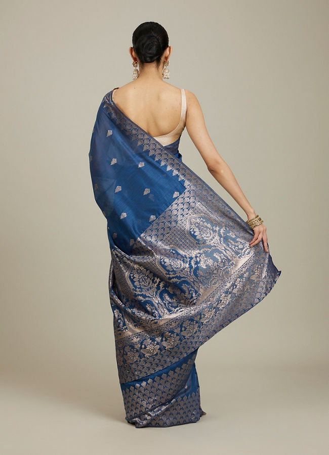 Mohey Women Indigo Blue Saree with Geometric Motifs and Floral Motifs on Border