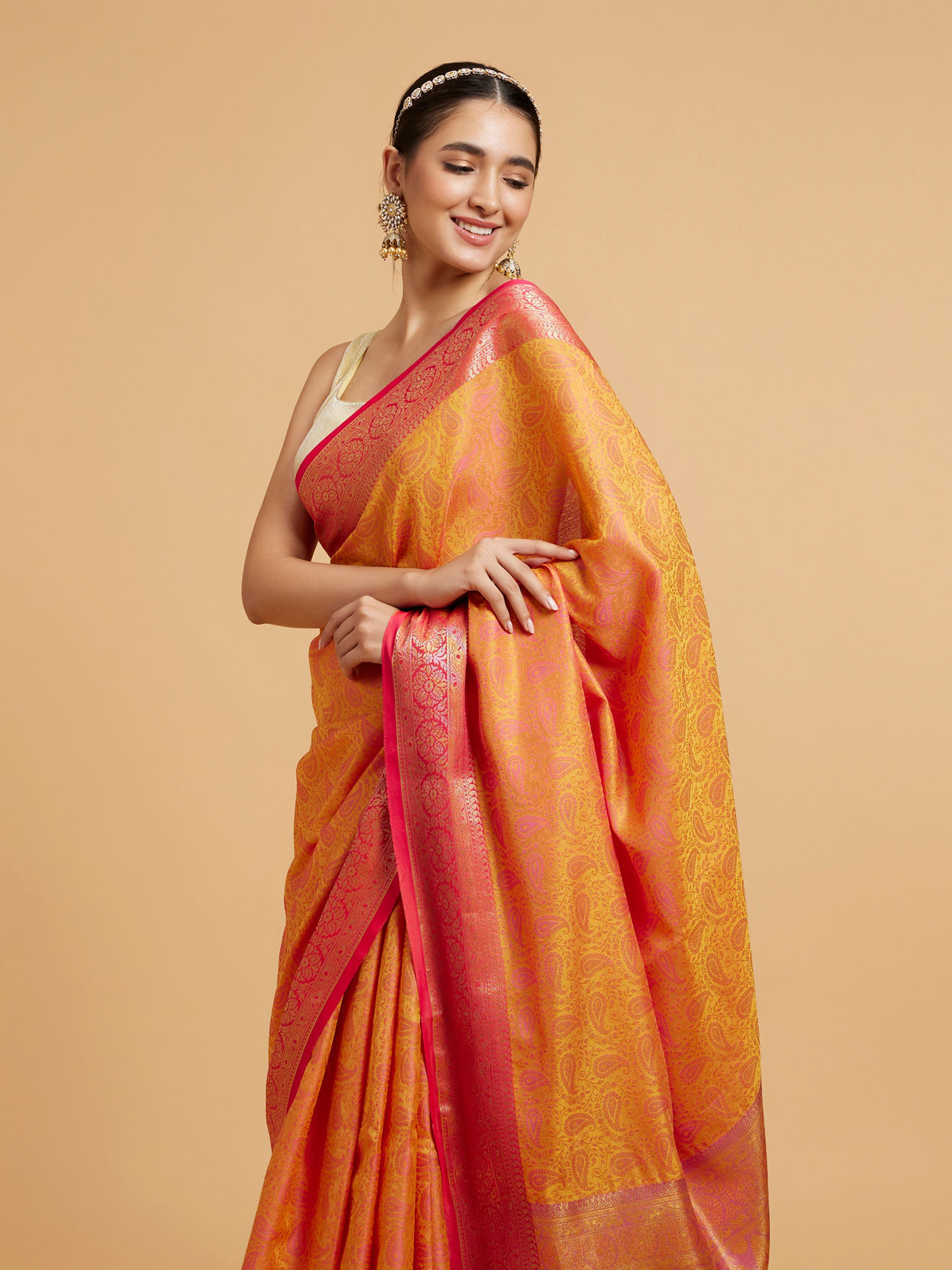 alt message - Mohey Women Mustard Enchantment Art Silk Saree image number 1