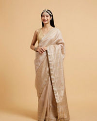 Mohey Women Light Fawn Linear Patterned Saree with Sequin and Stone Work