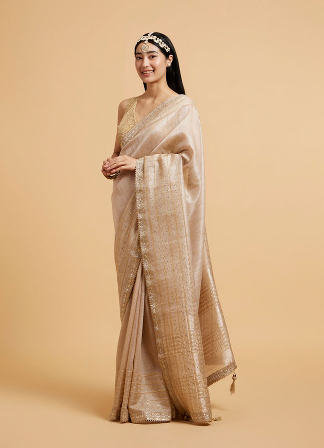 Mohey Women Light Fawn Linear Patterned Saree with Sequin and Stone Work