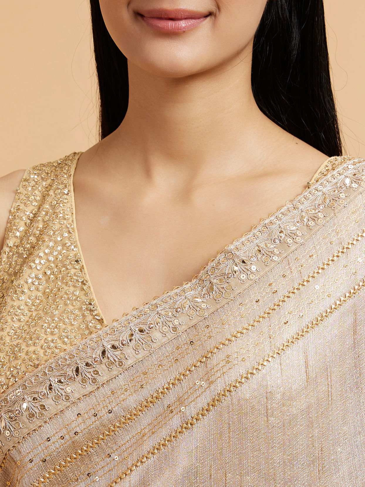 Mohey Women Light Fawn Linear Patterned Saree with Sequin and Stone Work