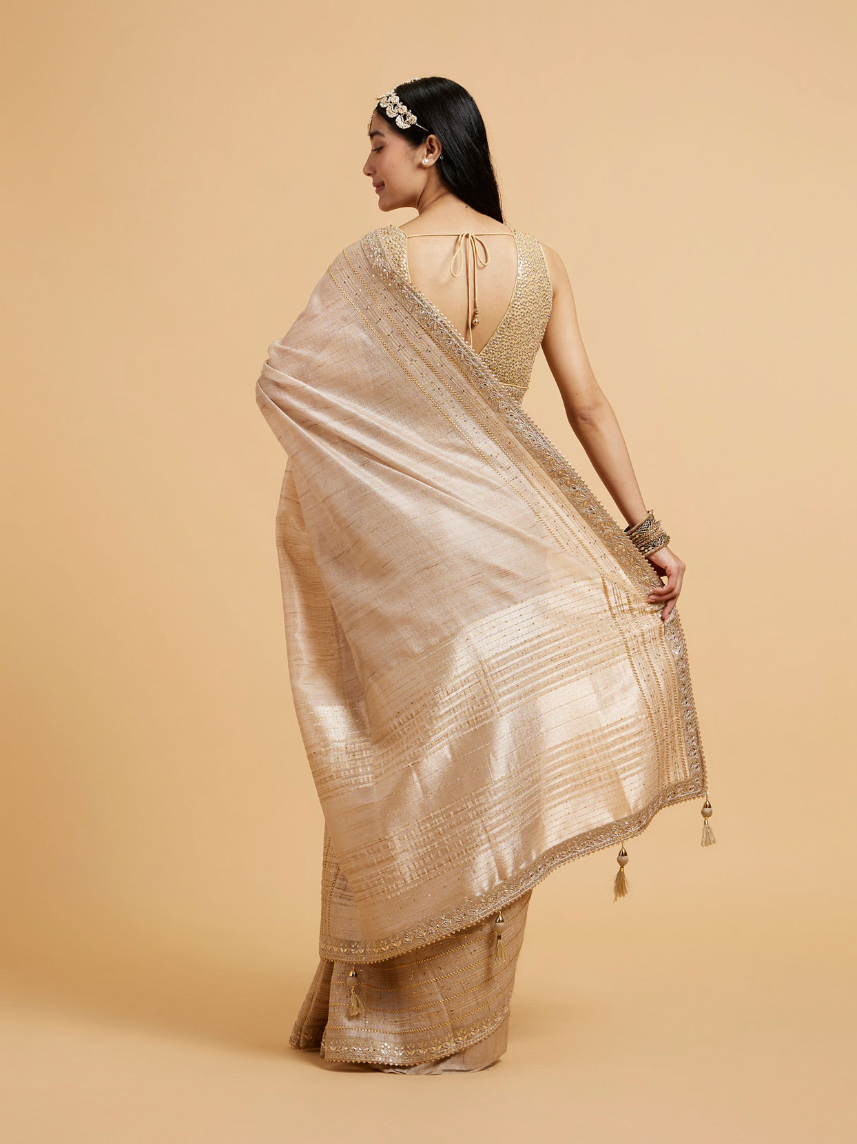 Mohey Women Light Fawn Linear Patterned Saree with Sequin and Stone Work