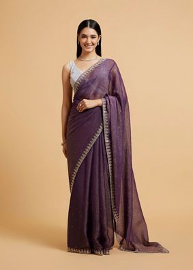 Mohey Women Plum Purple Rhinestone Saree with Cutdana & Stone Work on Borders image number 0