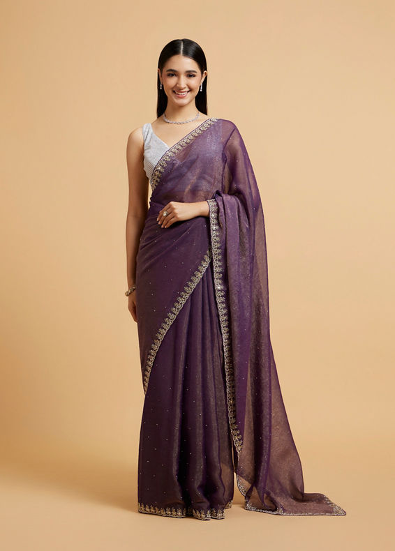 Mohey Women Plum Purple Rhinestone Saree with Cutdana & Stone Work on Borders