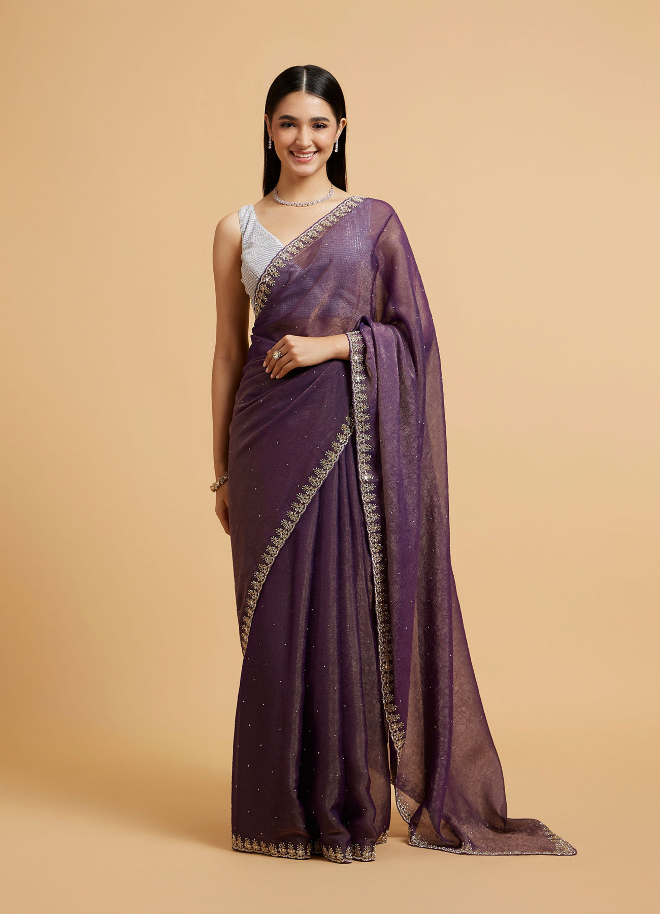 Mohey Women Plum Purple Rhinestone Saree with Cutdana & Stone Work on Borders