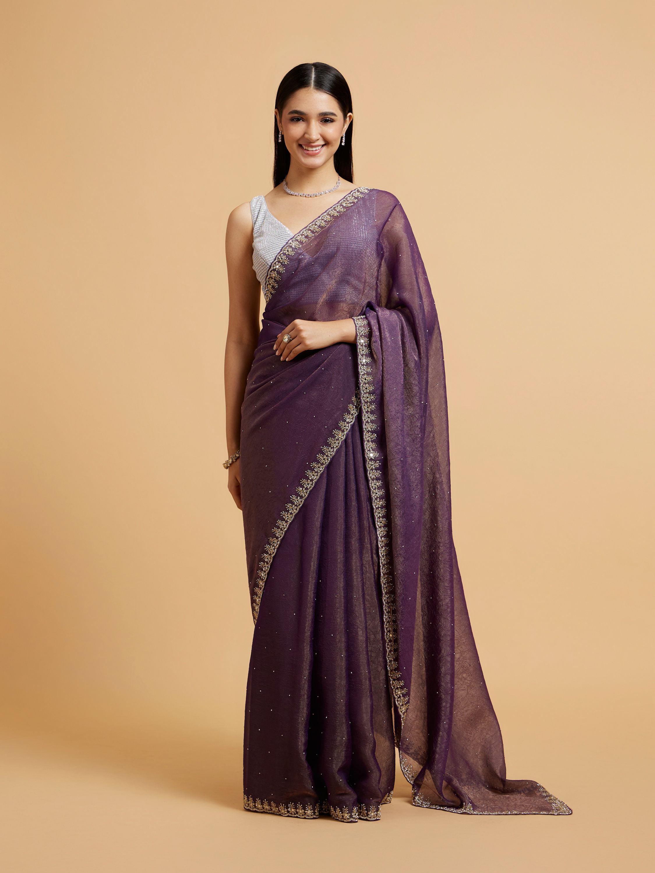 Mohey Women Plum Purple Rhinestone Saree with Cutdana & Stone Work on Borders