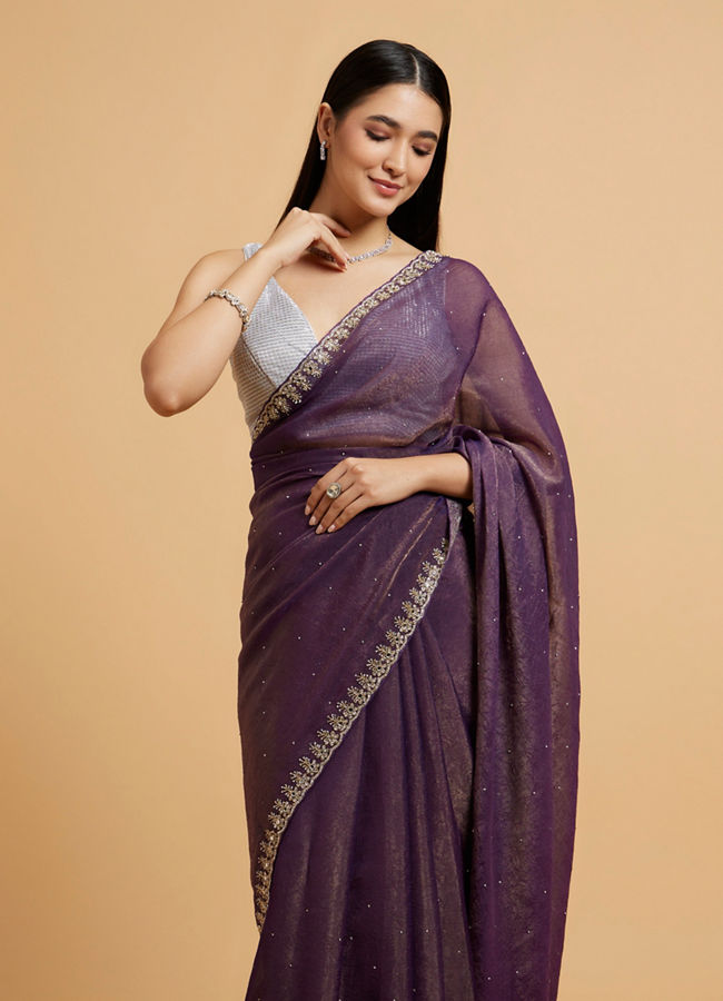 Mohey Women Plum Purple Rhinestone Saree with Cutdana & Stone Work on Borders image number 1