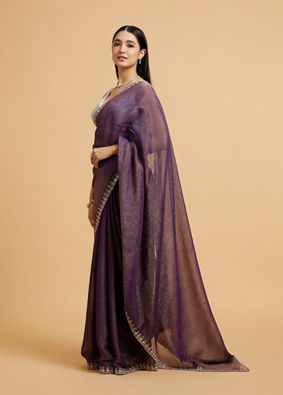 Mohey Women Plum Purple Rhinestone Saree with Cutdana & Stone Work on Borders image number 2