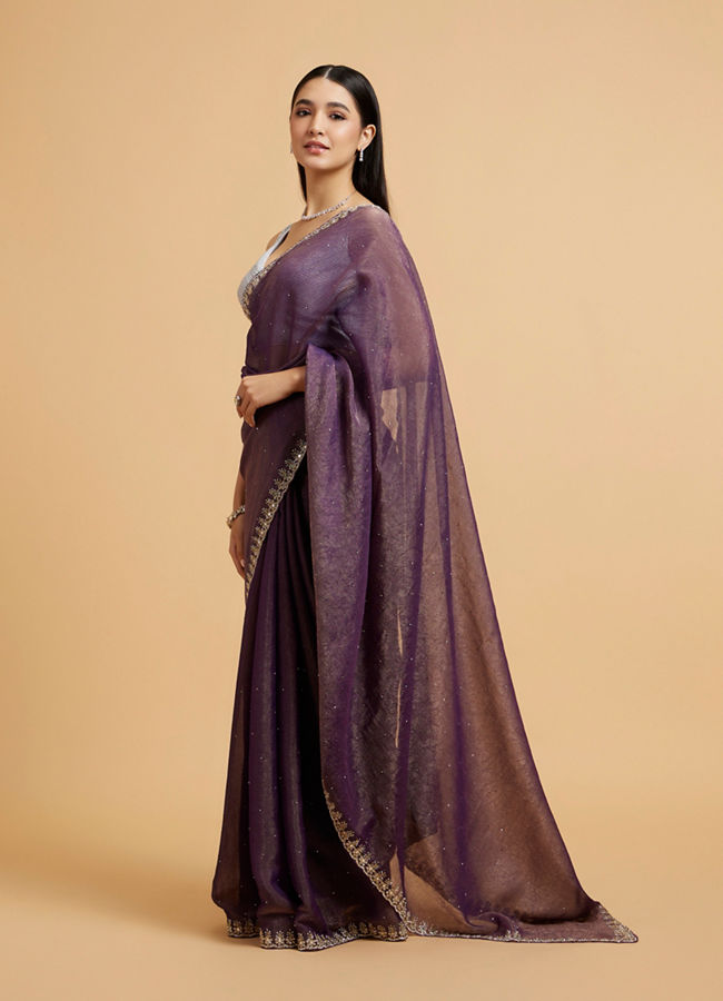 Mohey Women Plum Purple Rhinestone Saree with Cutdana & Stone Work on Borders image number 2