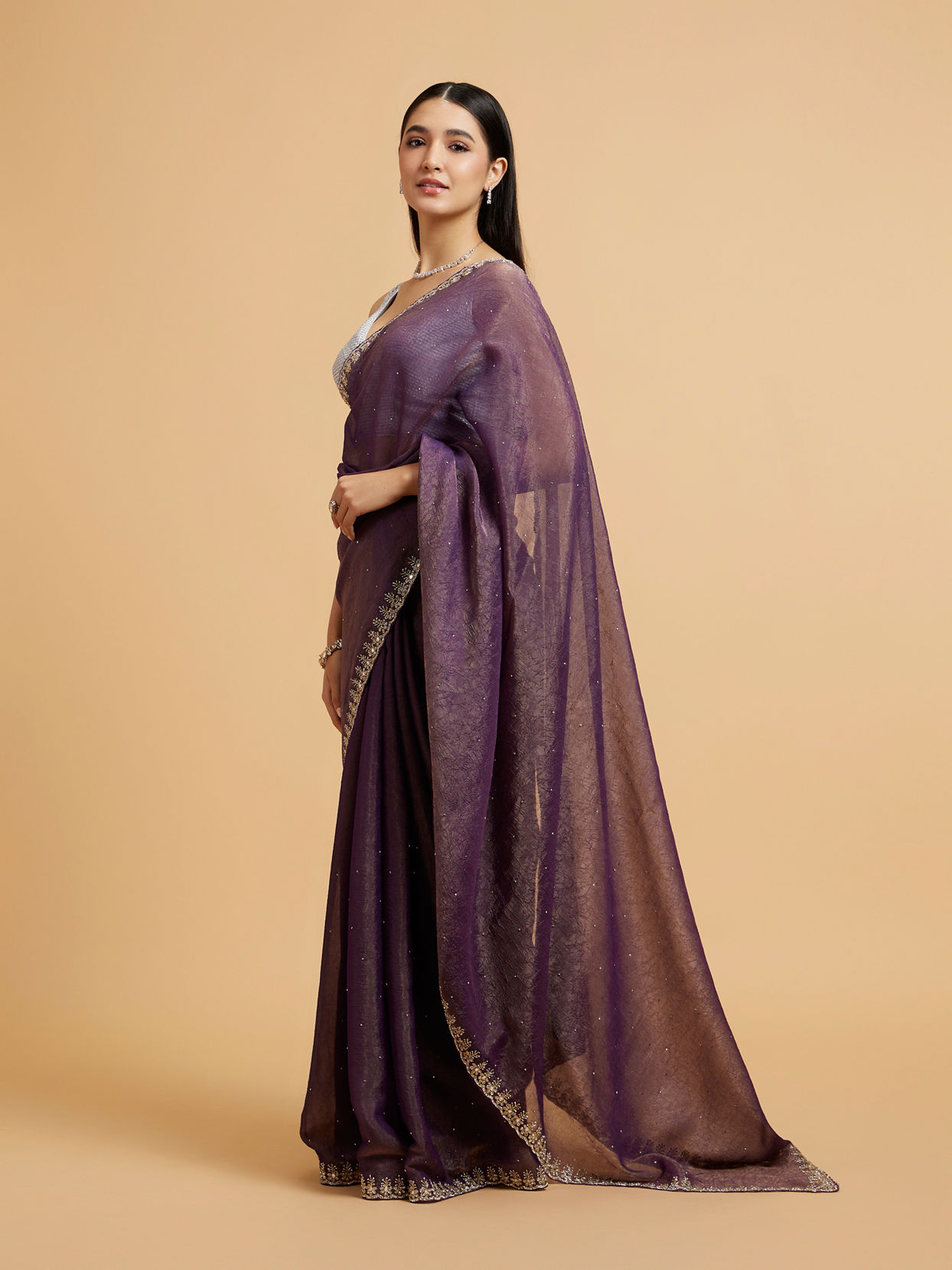 Mohey Women Plum Purple Rhinestone Saree with Cutdana & Stone Work on Borders image number 2