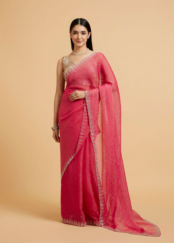 Mohey Women Poppy Red Rhinestone Saree with Cutdana & Stone Work on Borders