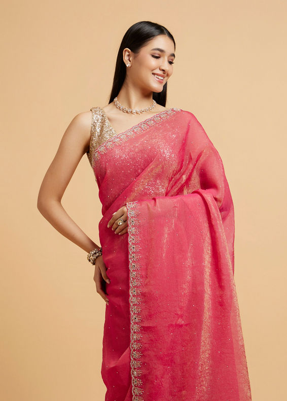 Mohey Women Poppy Red Rhinestone Saree with Cutdana & Stone Work on Borders