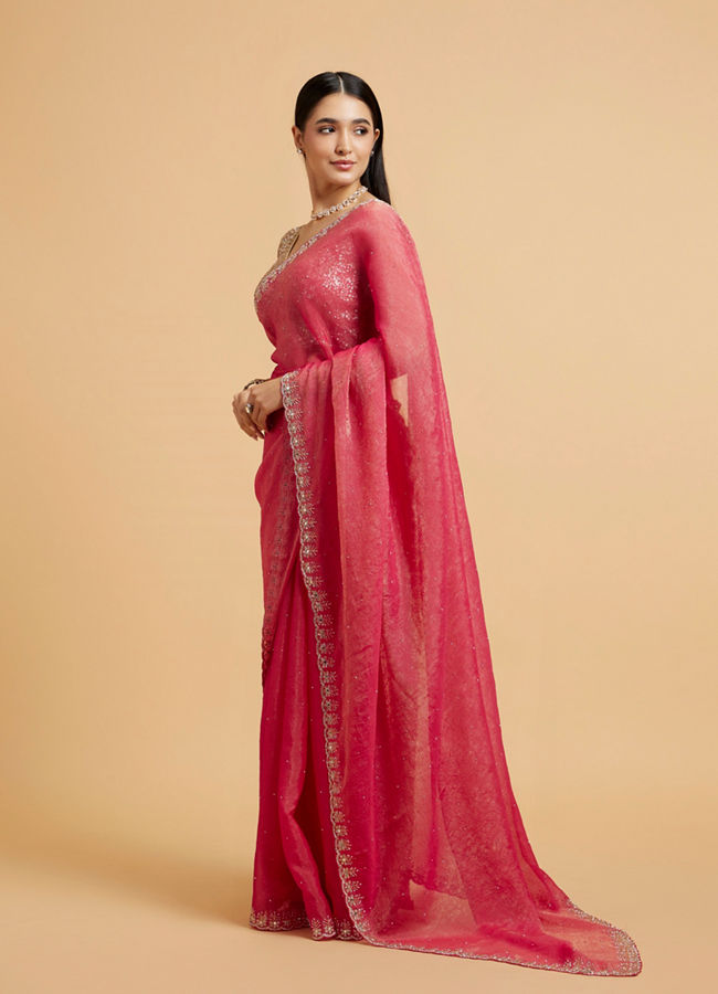 Mohey Women Poppy Red Rhinestone Saree with Cutdana & Stone Work on Borders