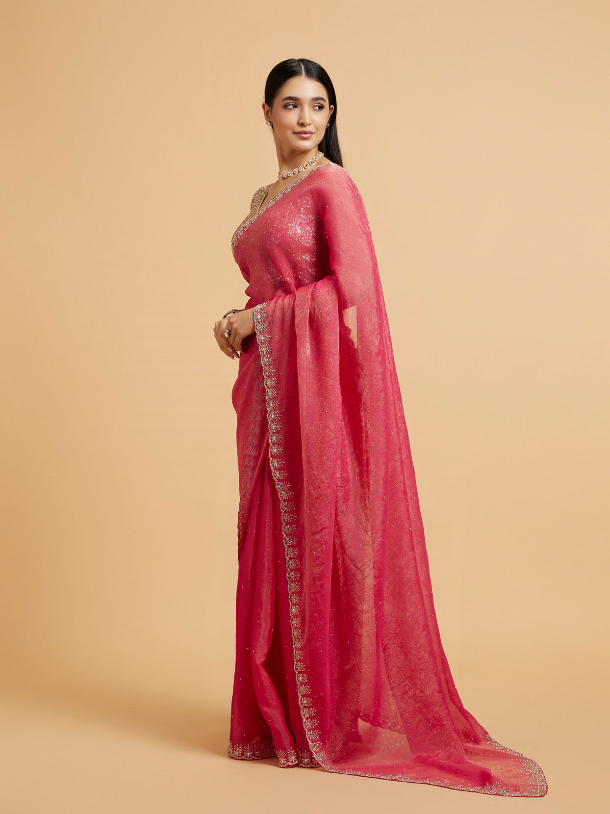 Mohey Women Poppy Red Rhinestone Saree with Cutdana & Stone Work on Borders