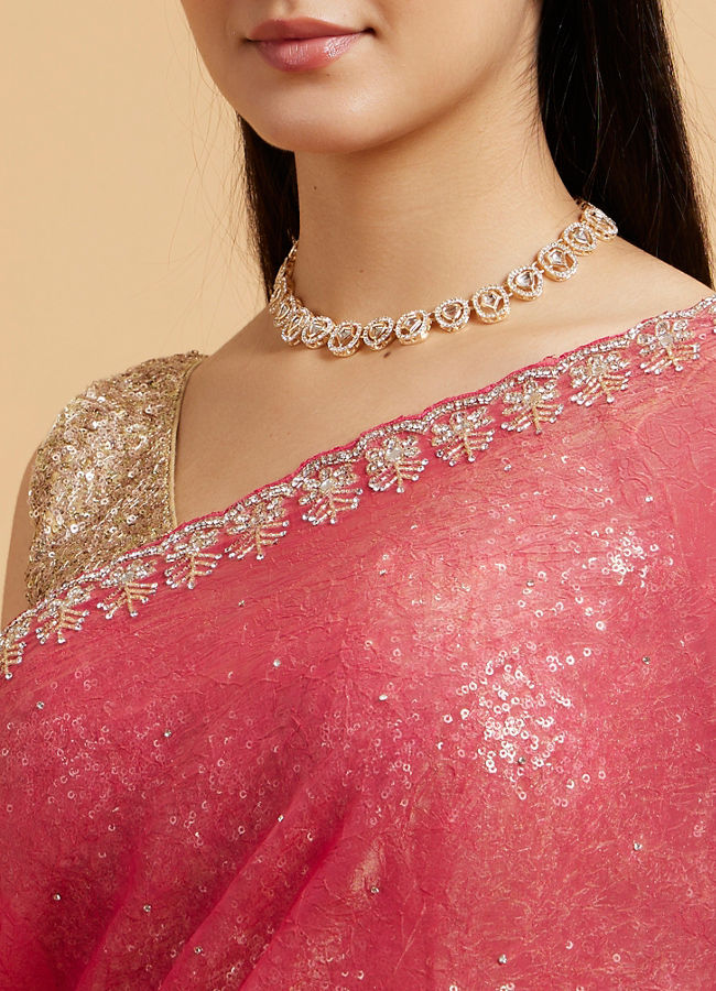 Mohey Women Poppy Red Rhinestone Saree with Cutdana & Stone Work on Borders