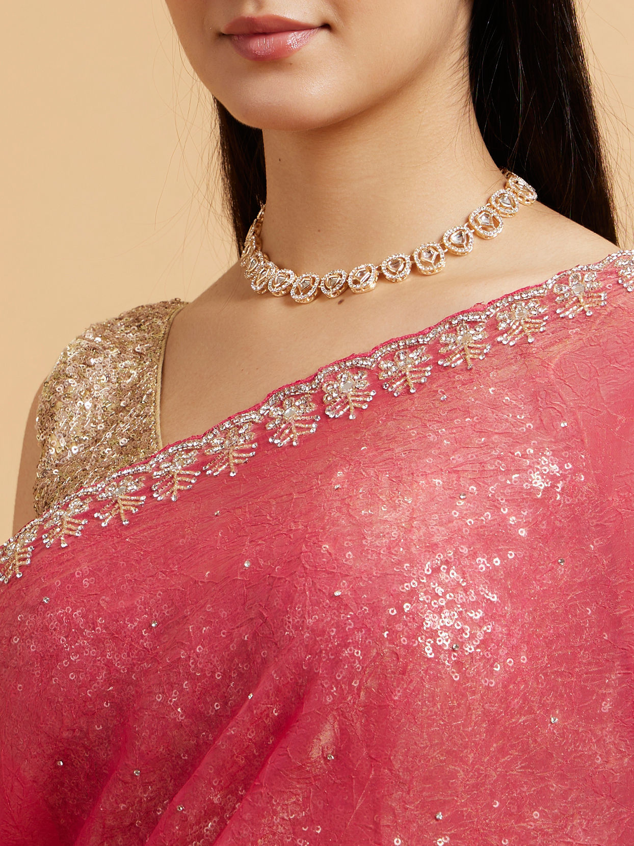 Mohey Women Poppy Red Rhinestone Saree with Cutdana & Stone Work on Borders