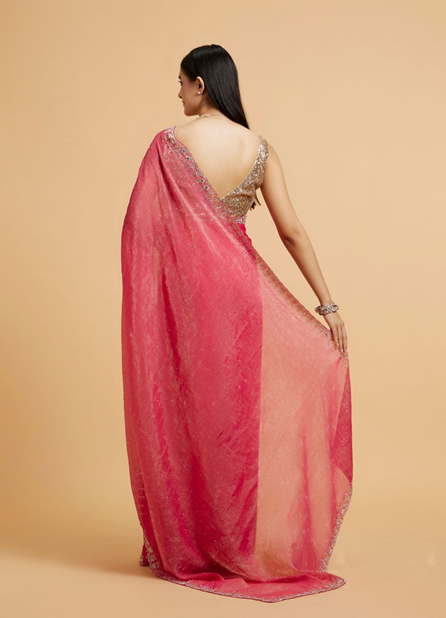 Mohey Women Poppy Red Rhinestone Saree with Cutdana & Stone Work on Borders