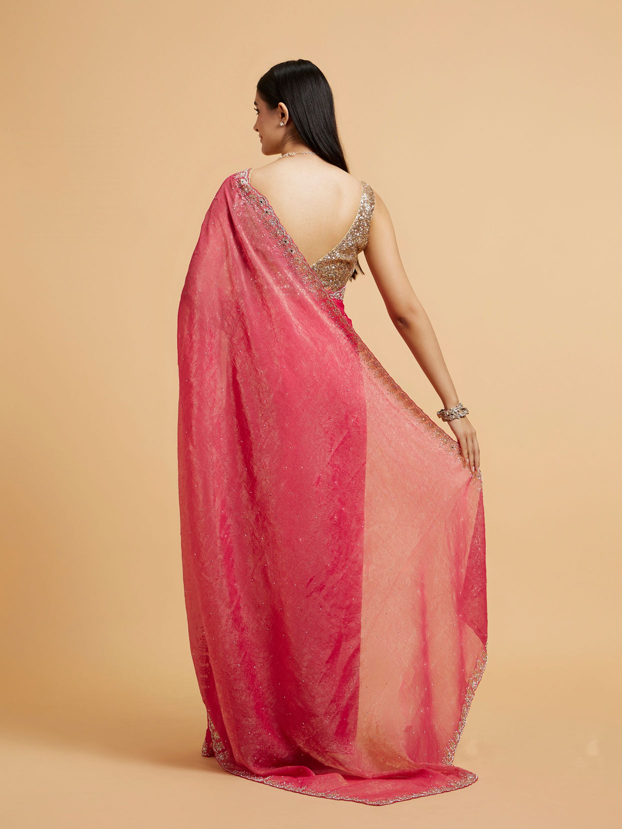 Mohey Women Poppy Red Rhinestone Saree with Cutdana & Stone Work on Borders