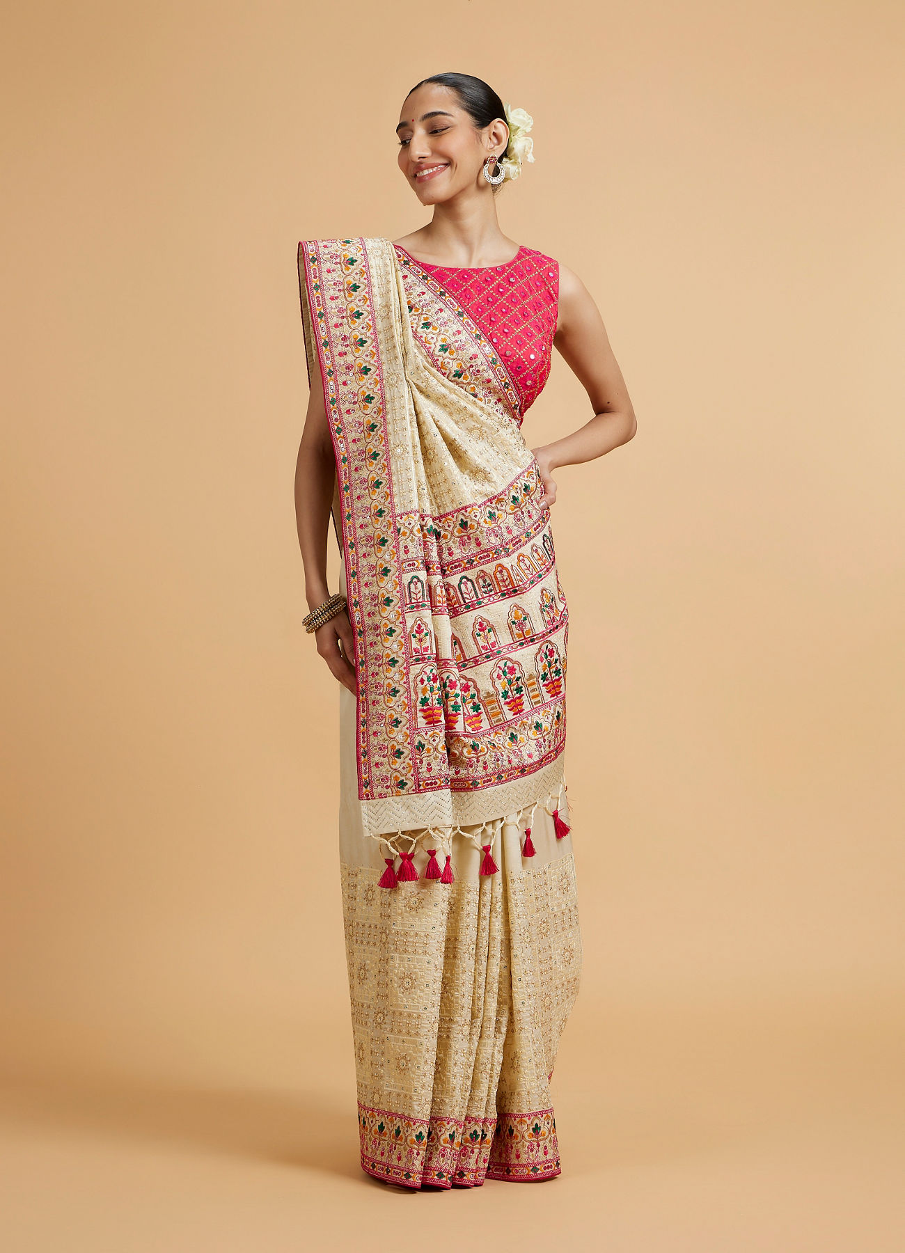 Mohey Women Cream Beige Floral Embroidered Saree with Sequin Work