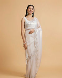 Mohey Women Soft Cream Plain Saree with Rhinestone Embellished Borders