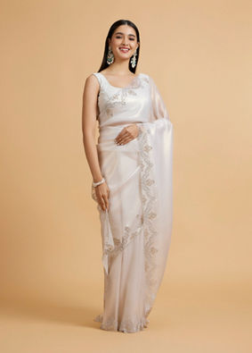 Mohey Women Soft Cream Plain Saree with Rhinestone Embellished Borders image number 0