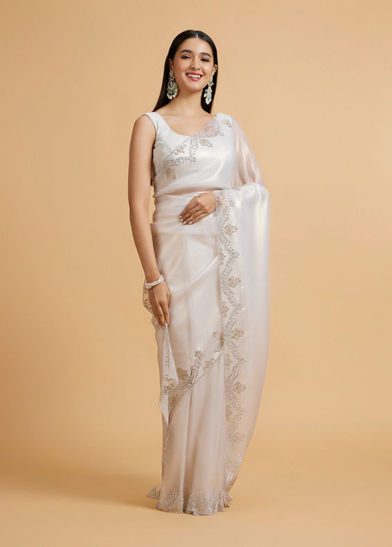 Mohey Women Soft Cream Plain Saree with Rhinestone Embellished Borders