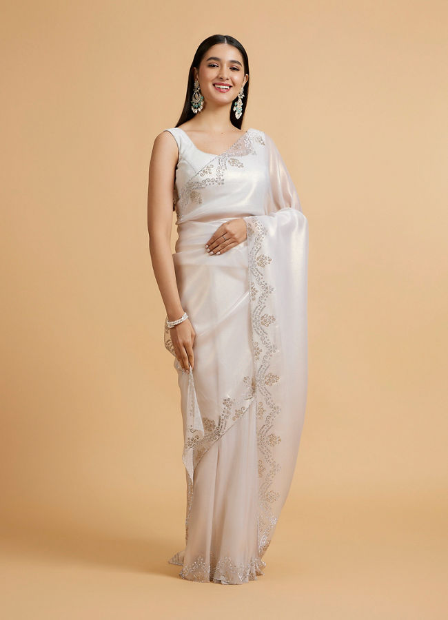 Mohey Women Soft Cream Plain Saree with Rhinestone Embellished Borders image number 0