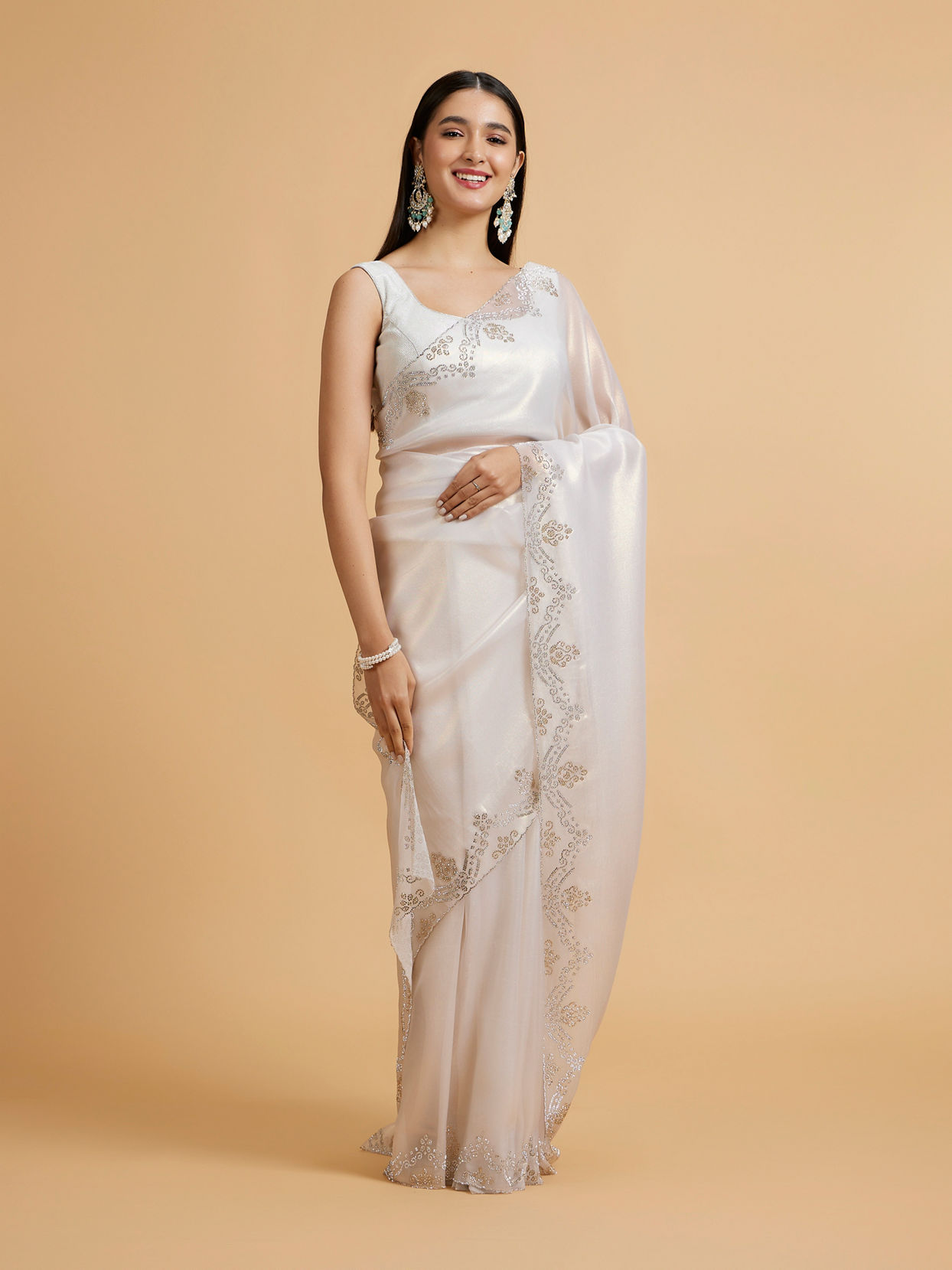 Mohey Women Soft Cream Plain Saree with Rhinestone Embellished Borders image number 0