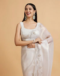 Mohey Women Soft Cream Plain Saree with Rhinestone Embellished Borders