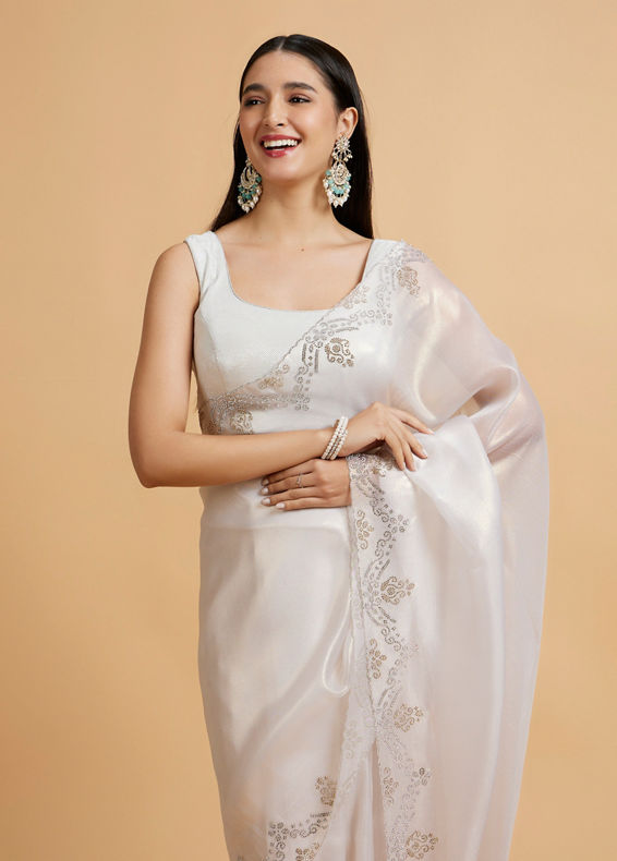 Mohey Women Soft Cream Plain Saree with Rhinestone Embellished Borders