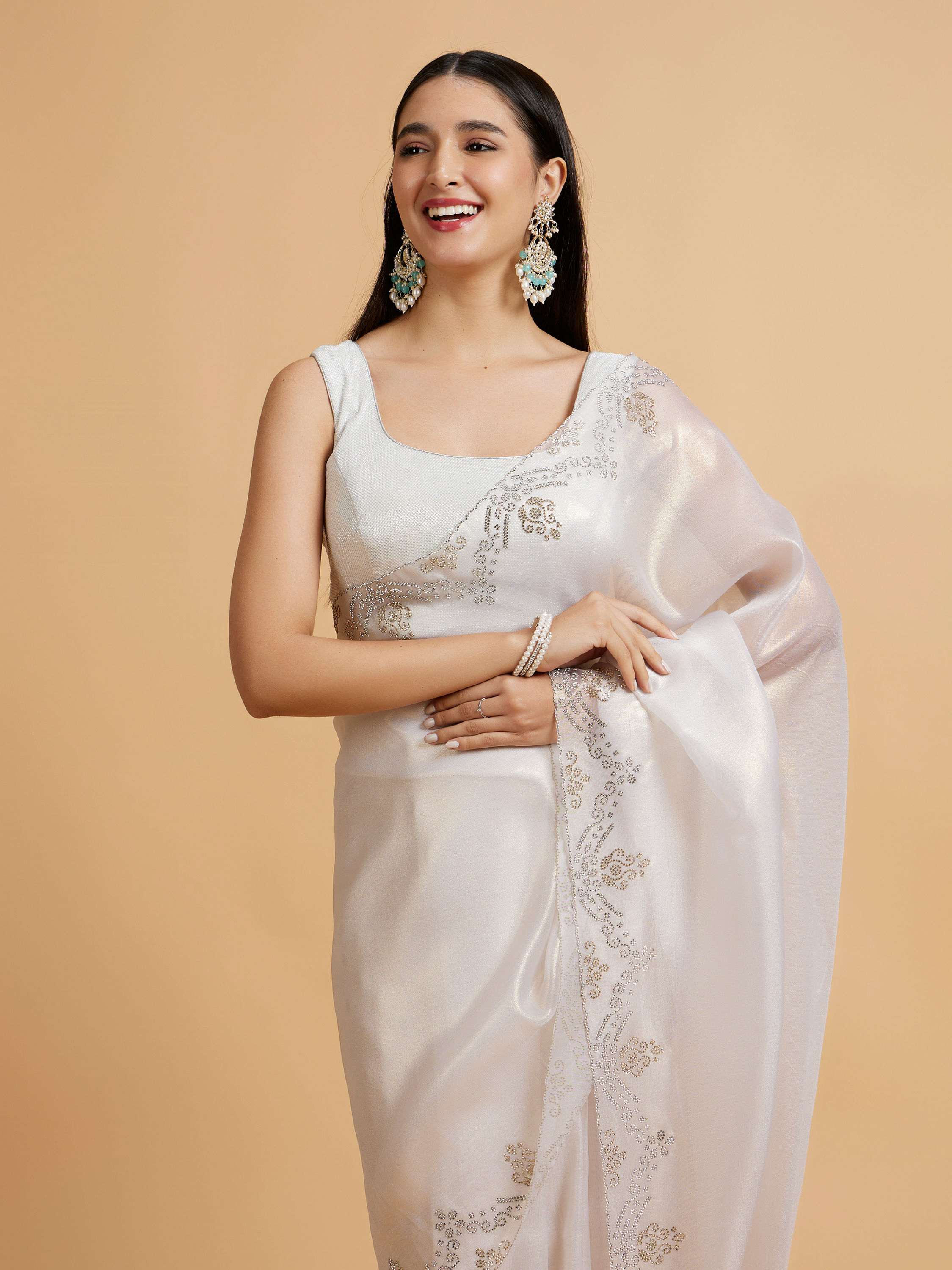 Mohey Women Soft Cream Plain Saree with Rhinestone Embellished Borders