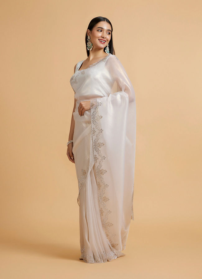 Mohey Women Soft Cream Plain Saree with Rhinestone Embellished Borders