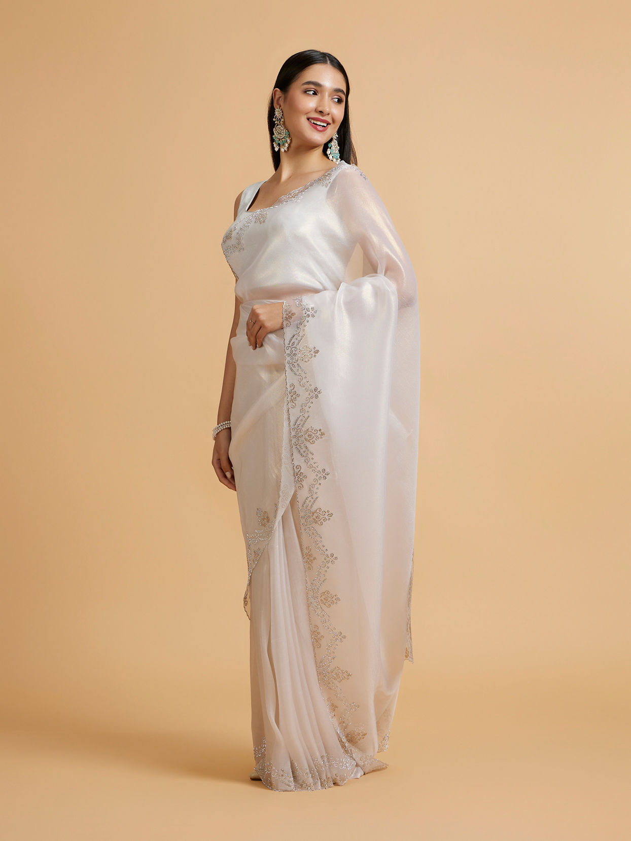Mohey Women Soft Cream Plain Saree with Rhinestone Embellished Borders