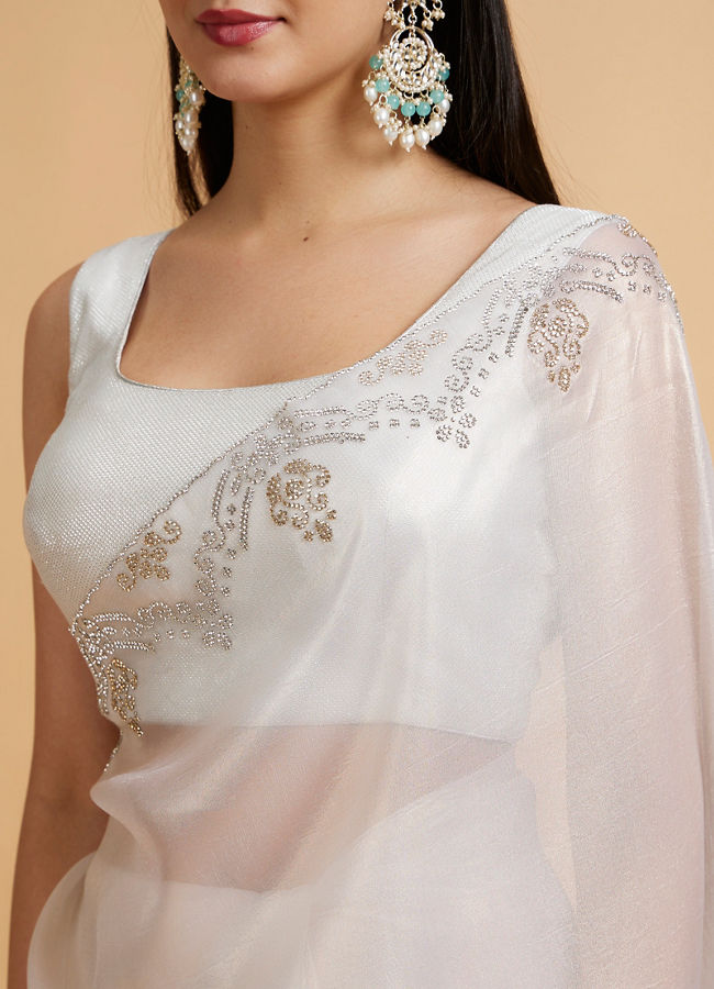 Mohey Women Soft Cream Plain Saree with Rhinestone Embellished Borders