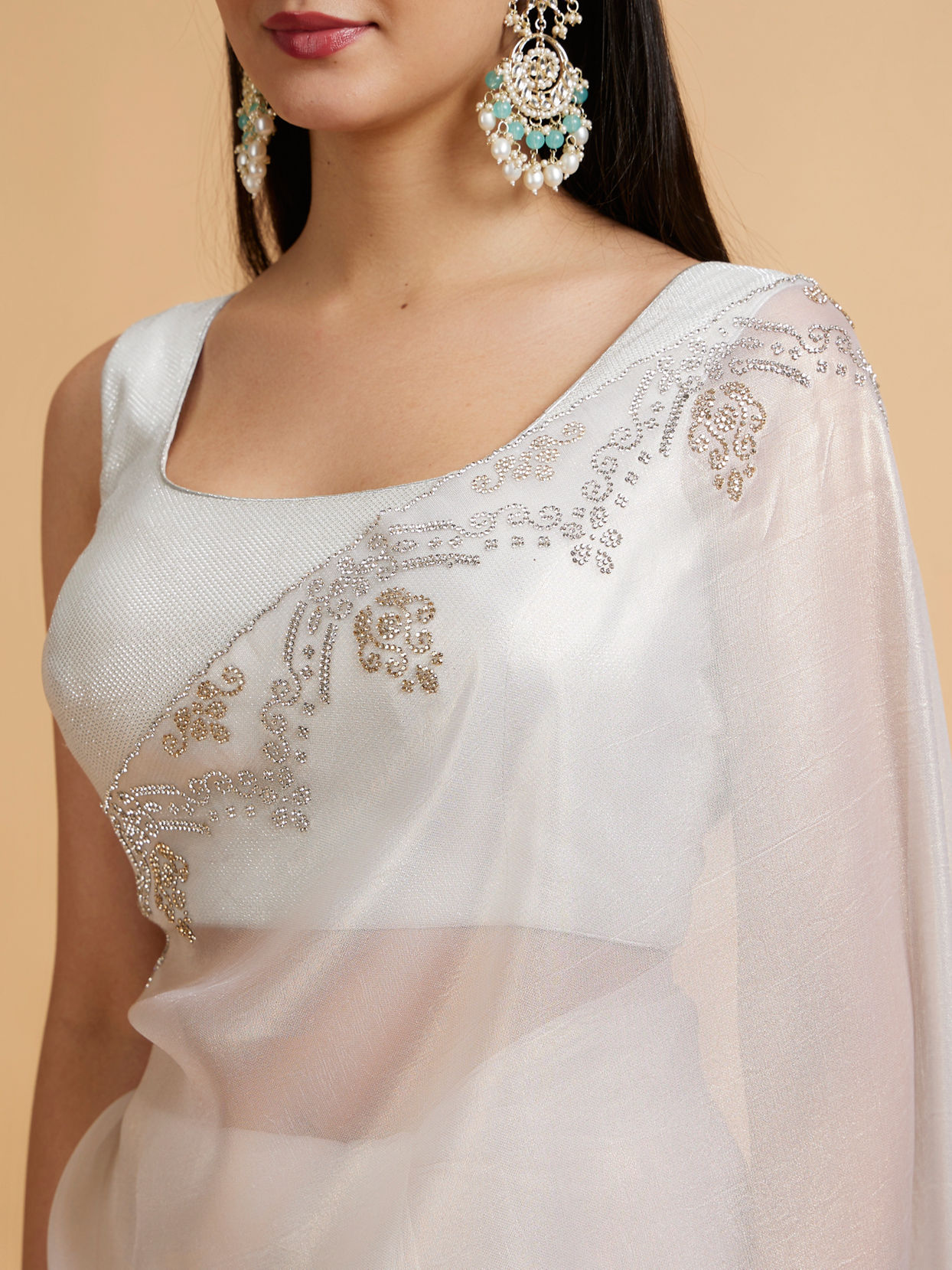 Mohey Women Soft Cream Plain Saree with Rhinestone Embellished Borders