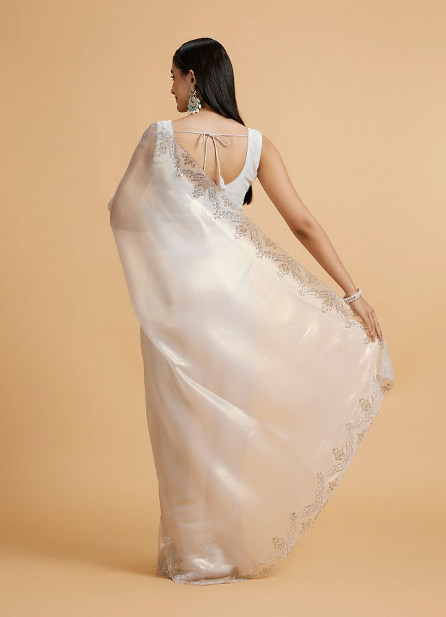 Mohey Women Soft Cream Plain Saree with Rhinestone Embellished Borders