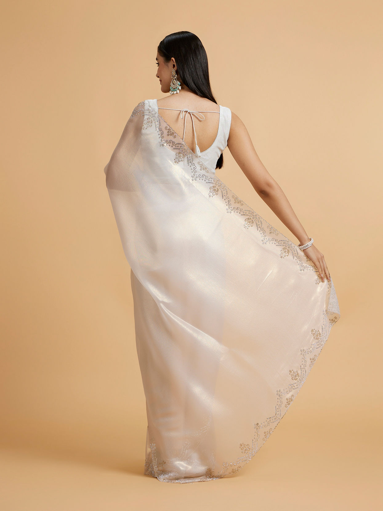 Mohey Women Soft Cream Plain Saree with Rhinestone Embellished Borders