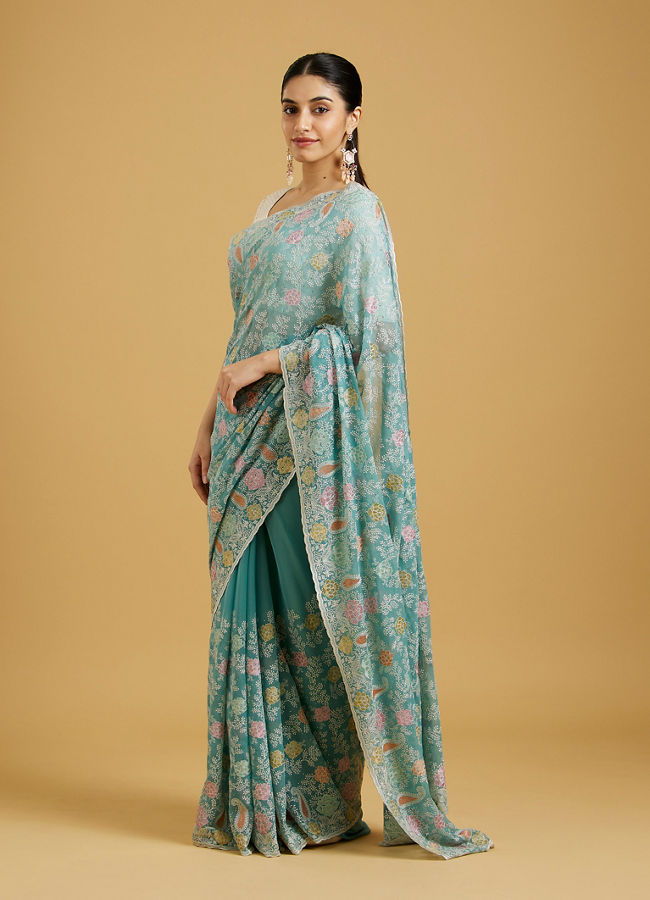 Mohey Women Chic Light Blue Organza Saree