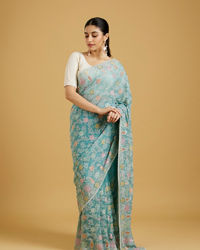 Mohey Women Chic Light Blue Organza Saree