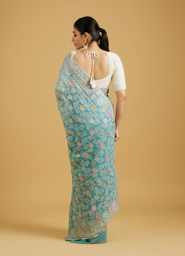 Mohey Women Chic Light Blue Organza Saree