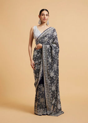 Mohey Women Indigo Blue Floral Patterned Saree with Sequin Work