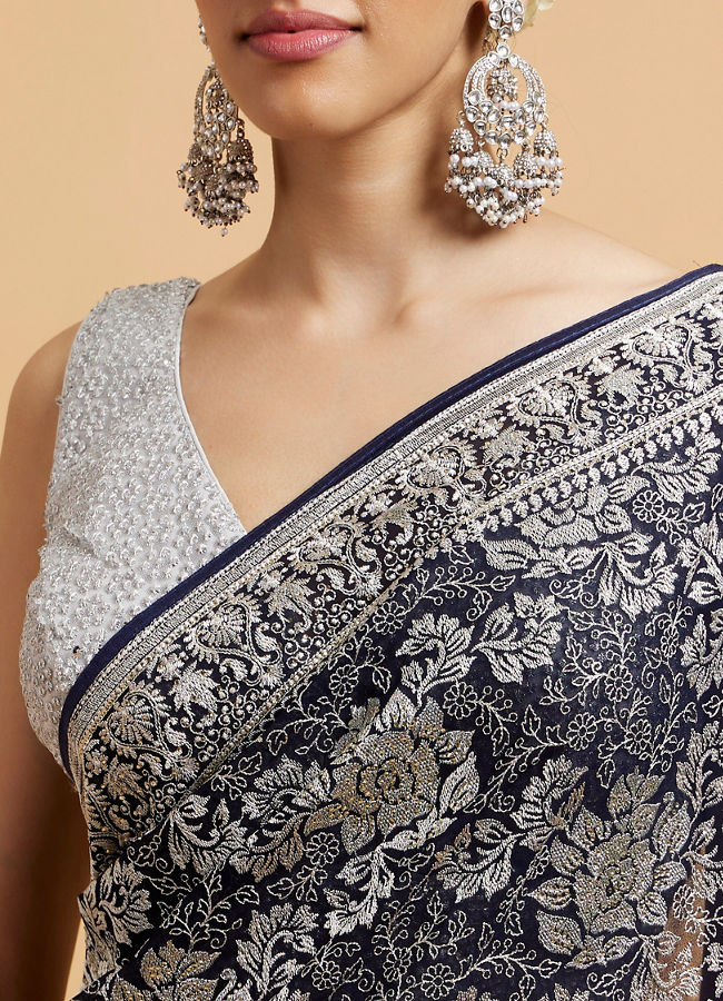 Mohey Women Indigo Blue Floral Patterned Saree with Sequin Work