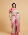 Cream and Pink Buta Patterned Saree with Rhinestone Work on Borders
